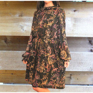 Black Vintage Dark Academia Midi Dress- Metallic Leaf Print